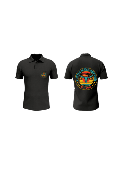 Black polo with teal sunset and bullhead logo design