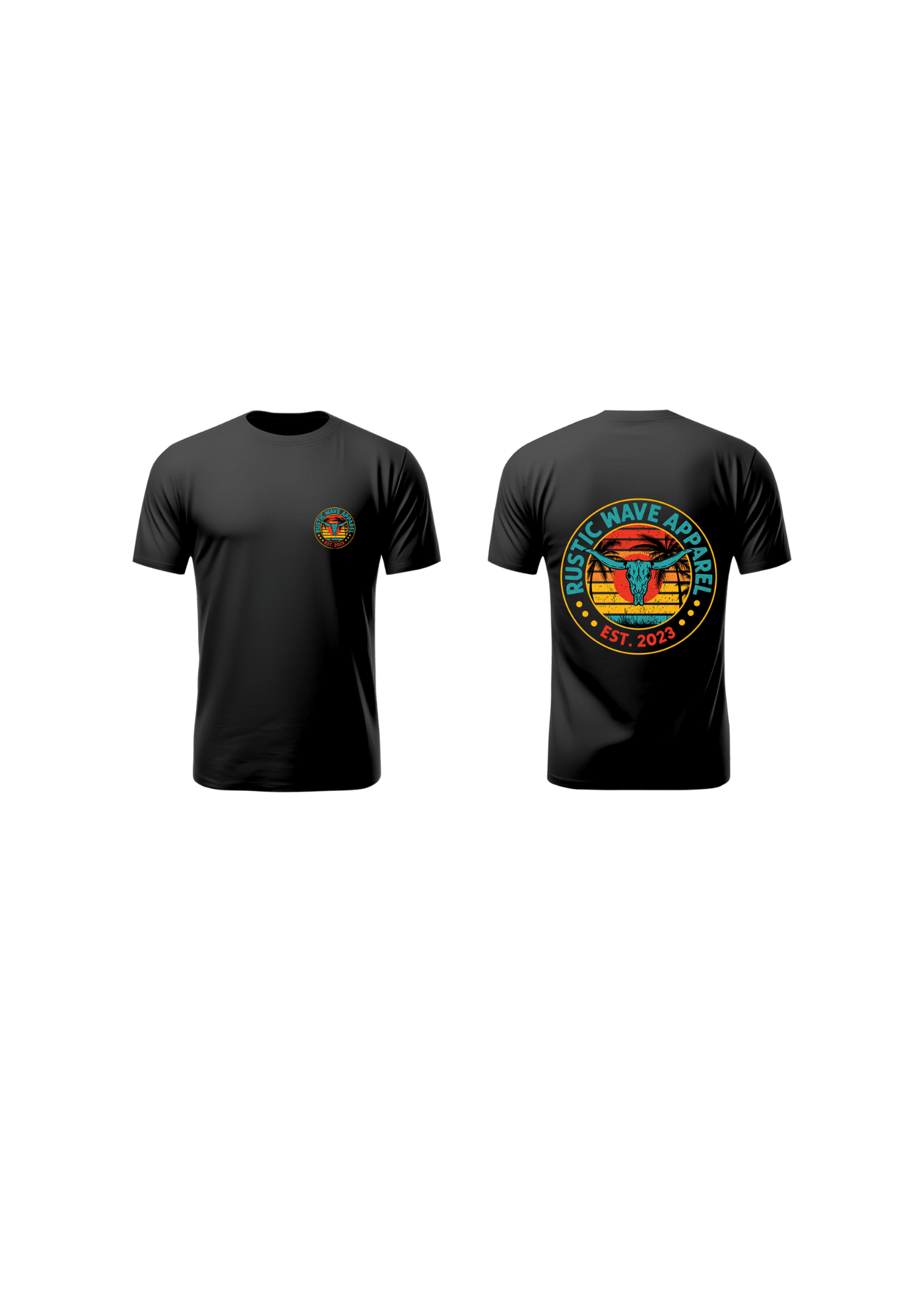 Black tshirt with teal sunset and bullhead logo design