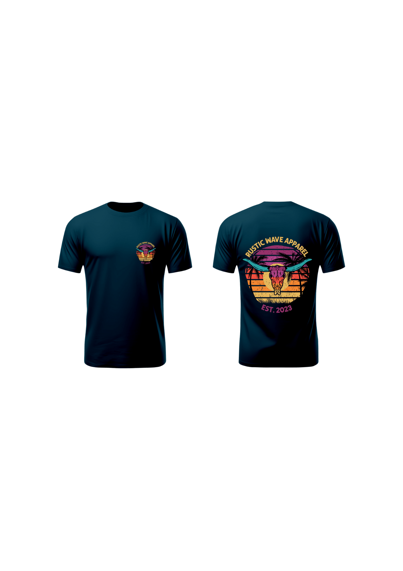 Teal tshirt with purple sunset and bullhead logo design